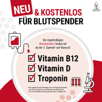 Motiv Bild BSZ Blutspendebenefiz Neu und Kostenlos, Für Blutspender, Bei regelmäßigen Blutspenden testen wir ab der 3. Spende auf Wunsch: Vitamin B12, Vitamin D, Troponin