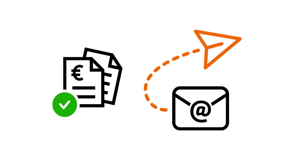 Icons Online-Bescheid. Icons Online-Bescheid. Papiersymbole, ein orange Pfeil und ein E-Mail Postfach Symbol.
