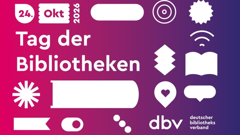 Grafik mit „Tag der Bibliotheken 24. Okt 2026” und verschiedenen Bibliotheks- und Digital-Symbolen auf einem magenta-violetten Farbverlaufshintergrund, mit dem dbv-Logo unten rechts.