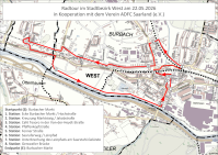 Eine Karte vom Bezirk West in Saarbrücken, auf der die genaue Route der Radtour eingezeichnet ist