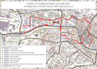 Eine Karte vom Bezirk Mitte in Saarbrücken, auf der die genaue Route der Radtour eingezeichnet ist