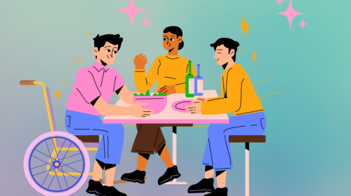 Bunte Illustration zum Aktionstag: Drei Personen sitzen an einem gedeckten Tisch und unterhalten sich. Ein Mann sitzt im Rollstuhl. Der Hintergrund ist blau-rosa.